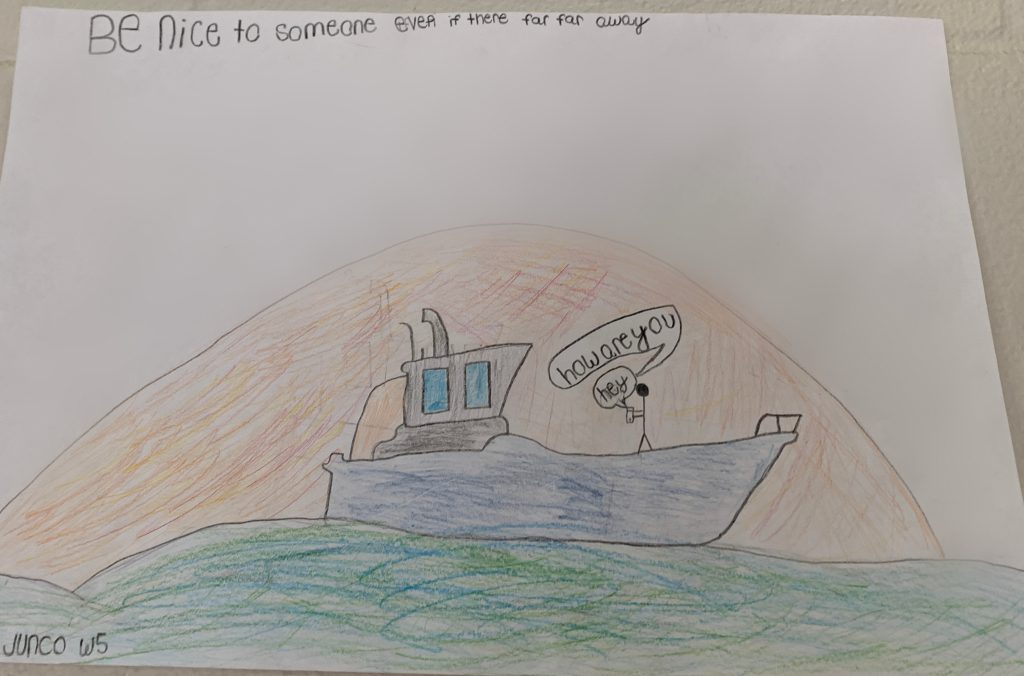drawing of a ship out on the sea with the sun coming up behind it