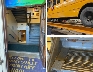 A collage of three photos. L-R: Elementary vestibule doorway; a bus on an old bus lift; old stairs