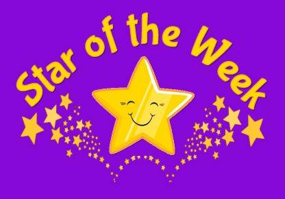 A graphic shows a smiling center star surrounded on 3 sides by smaller stars. Word on top say Star of the Week.