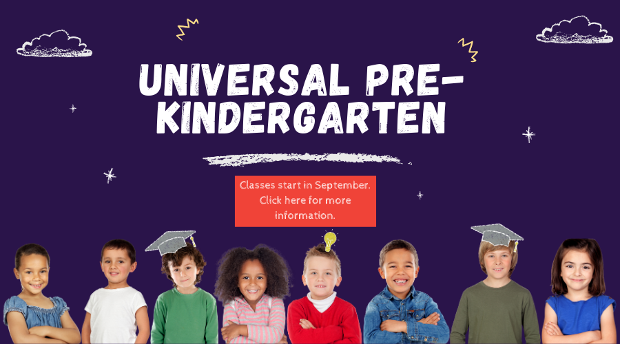 Universal Pre-kindergarten. Classes start in September. Young children in a line, some have chalk graduation caps on their heads.