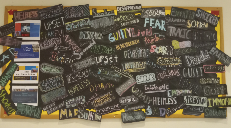 Bulletin board covered with pieces of paper. Each has words like fear, upset and devastation.