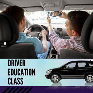 Instructor adjusts rear-view mirror for student behind wheel of the car.