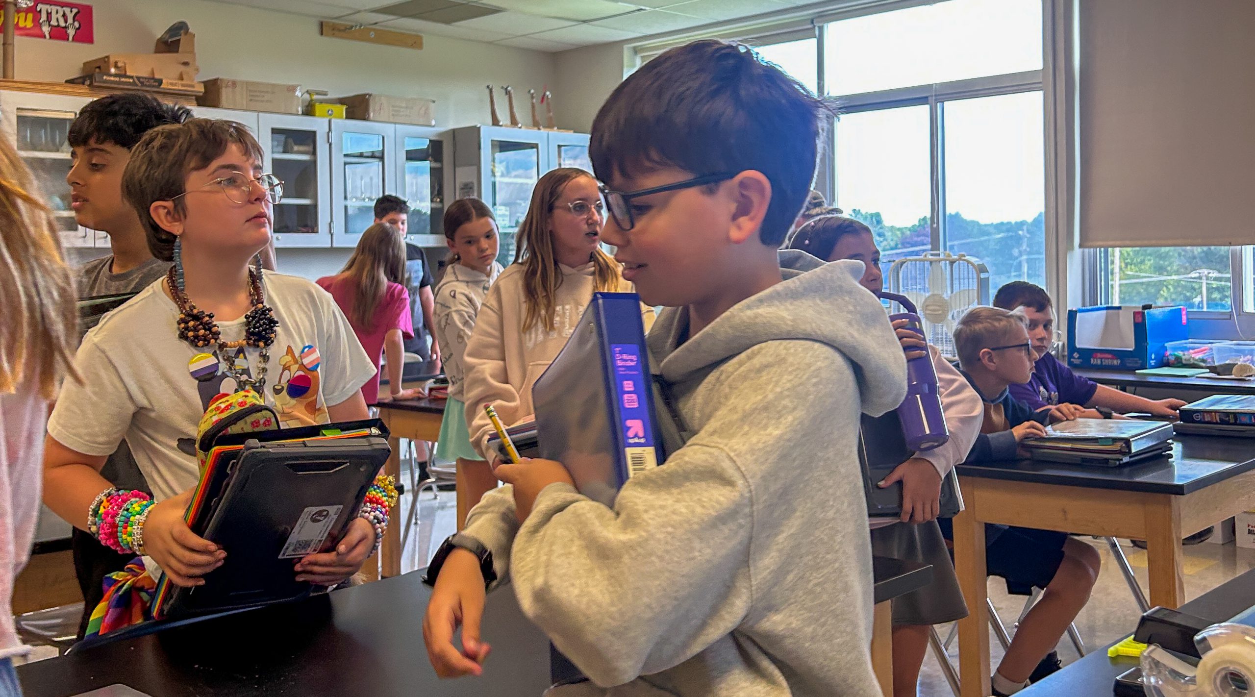Classroom of middle school students on the move.