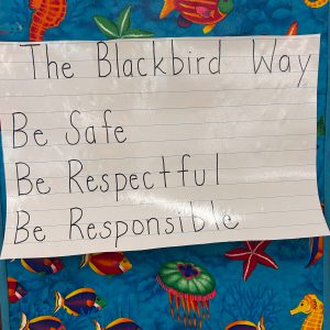 SIgn: The Blackbird Way. Be Safe. Be Respectful. Be Responsible. Fish scene in background.