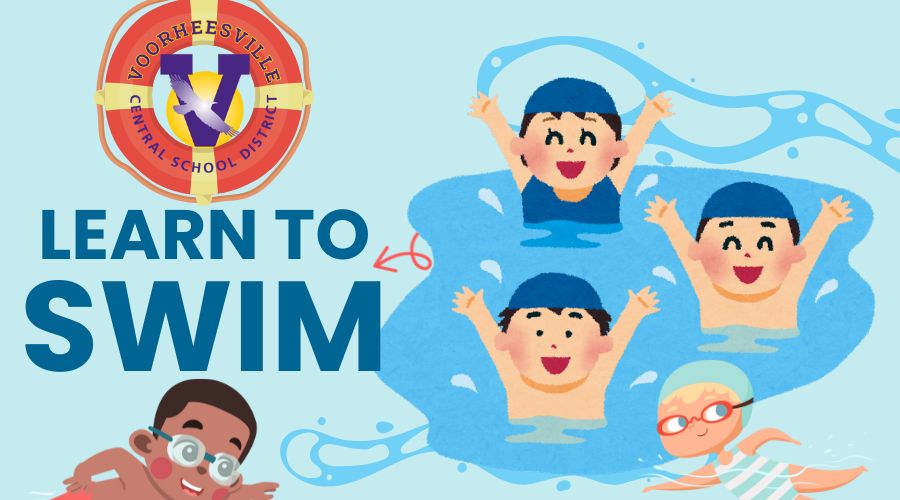 Graphic promoting Voorheesville Central School District Learn-to-Swim program. The design features the district’s circular logo with a large purple ‘V’ and gold cross in the upper left corner. Bold blue text reads ‘LEARN TO SWIM’ with a red arrow pointing toward the word ‘SWIM.’ The illustration shows three cartoon swimmers in blue swim caps raising their arms in the water, with splashes around them. At the bottom, two additional cartoon swimmers are depicted: one wearing goggles and swimming freestyle, and another in a striped cap and goggles swimming underwater.