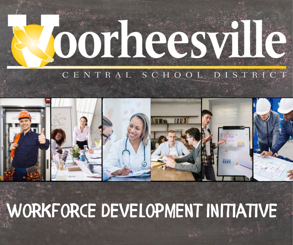 The top section features the district name in large white letters on a chalkboard background with a yellow blackbird logo. Below are six images representing different careers: a person in construction gear giving a thumbs-up, a group collaborating at a desk with papers and a whiteboard, a healthcare professional in a white coat with a stethoscope, individuals engaged in a discussion, a young person giving a presentation and two people in hard hats reviewing blueprints. The bottom text reads 'Workforce Development Initiative' in bold white letters on the chalkboard background."