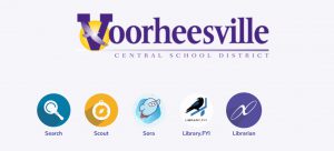 Voorheesville Central School District banner displayed above five circular icons labeled Search, Scout, Sora, Library.FYI and Librarian