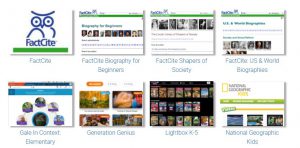 icons and preview images for several educational research databases, including FactCite, FactCite Biography for Beginners, FactCite Shapers of Society, FactCite U.S. and World Biographies, Gale In Context: Elementary, Generation Genius, Lightbox K–5 and National Geographic Kids.