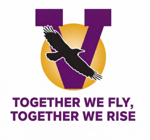 A graphical image featuring the purple and yellow Voorheesville CSD logo and blackbird and the phrase "together we fly, together we rise."