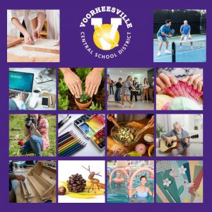 Collage on a purple background featuring the Voorheesville Central School District logo and images of adult learning activities, including baking, pickleball, budgeting, gardening, dancing, knitting, photography, painting, cooking, playing guitar, woodworking and crafts.