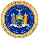 A colorful graphical seal, including elements from the NY State Seal and the phrase: Seal of Biliteracy, The Great State of New York, The New York State Education Department